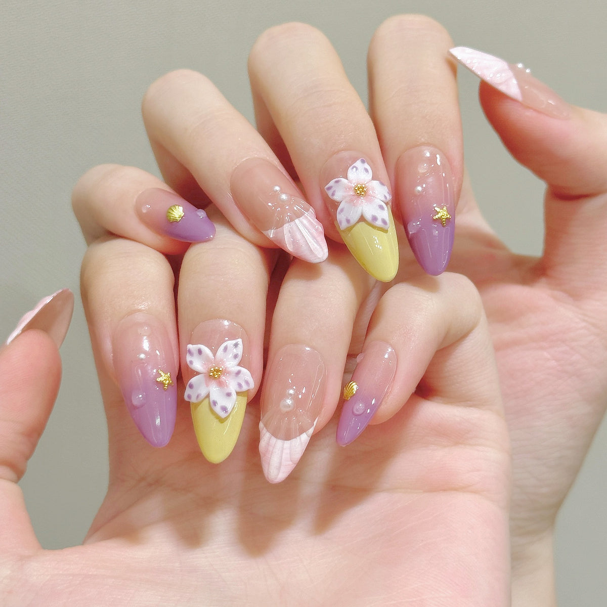 YICKYUE  -  10pcs Handmade Almond French Press On Nails 3D Carving Flower Gradient Purple Shell Design False Nails Wearable Nails Art Tips