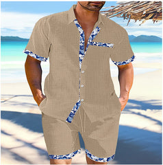 Hearujoy Summer Mens Cotton Linen Two Piece Set Contrast Color Short Sleeve Lapel Shirts And Shorts Loose Suits Hawaiian Beach Outfits
