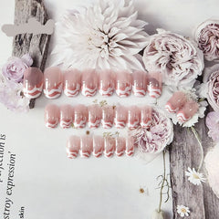 24PCS Fake Nail Pink White Wave Decor Girls Long Paragraph Full Cover Fake Nail Tips Artificial Nails Art Patches TY