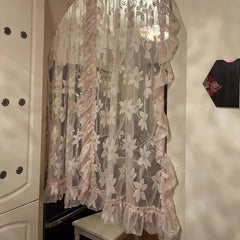 YICKYUE  -  Korean Beautiful Romantic Pink Flower Ruffled Sheer Tulle Curtain Rod Pocket For Bedroom Princess Room Wedding Home Decor