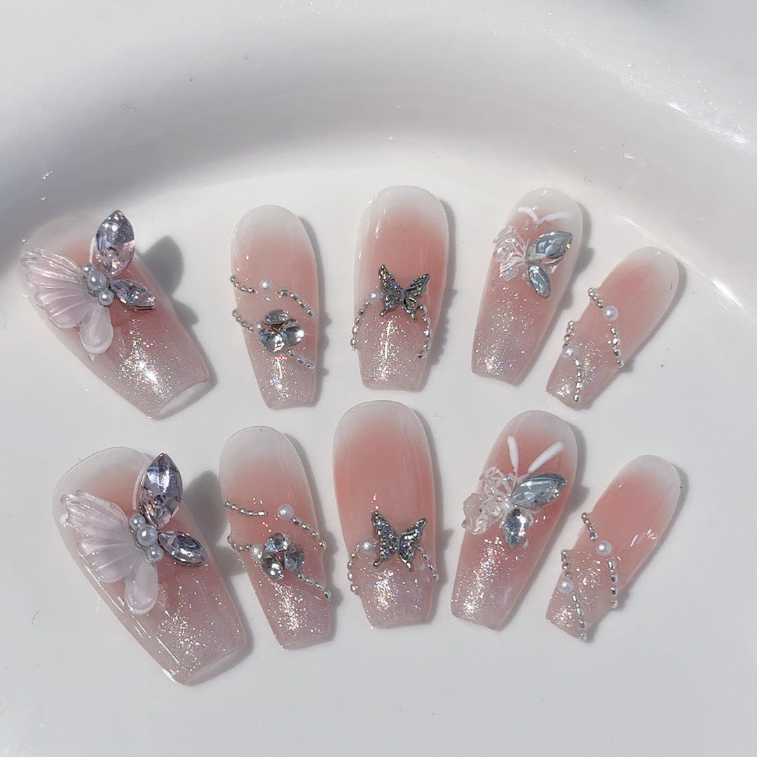 YICKYUE  -  10Pcs Handmade Blush Pink Fake Nail Long Ballet Nails Art Tip Detachable French Butterfly Design Finished Press on False Nails