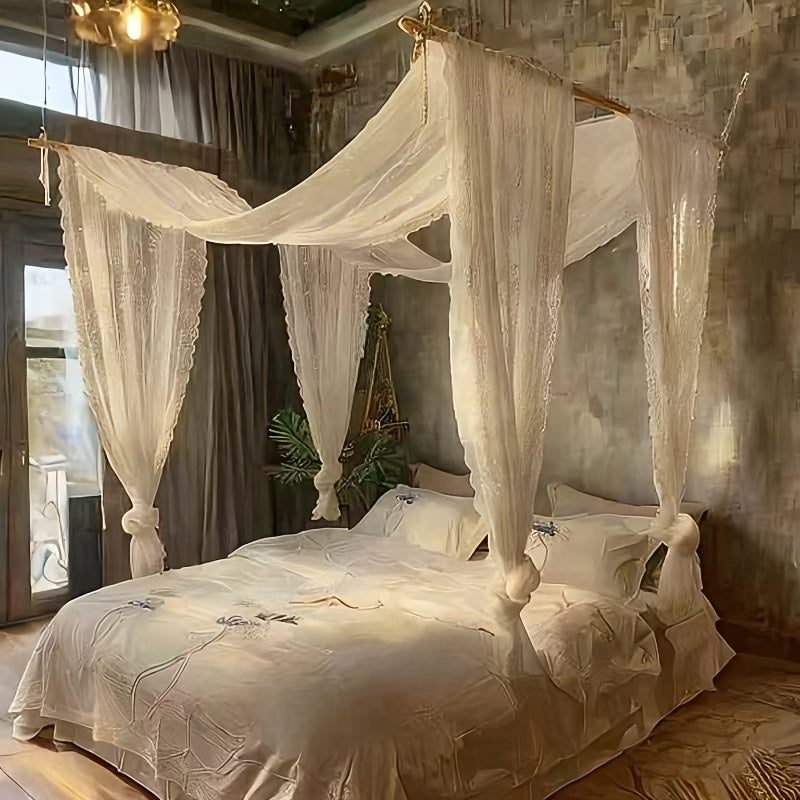 YICKYUE  -  White Canopy Bed Curtains - 2 Panel Sheer Luxury Bed Canopy With Elegant Lace For Full/Queen Bed (No Pole)