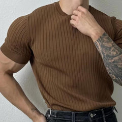 Hearujoy Summer New Men Thin Knitted T Shirts Slim Fit Elastic Short Sleeve O Neck Tee Fashion Solid Color Ribbed Muscle T-shirt Male