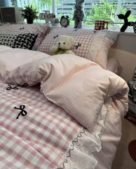 YICKYUE  -  Sweet fairyfair pink blue plaid bow bedding set 1.5 1.8,full queen elegant cotton home textile bed sheet pillow case quilt cover