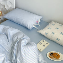 YICKYUE  -  Korean Style Bow Cotton Four-piece Set Striped Simple Cotton Quilt Cover Bed Sheet Dormitory Bed Four-piece Set