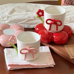 YICKYUE  -  Three Dimensional Flower Bow Coffee Cup Plate Girl's Heart Companion Hand Gift Afternoon Tea Cup