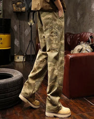 Hearujoy Vintage Multi-pocket Camouflage Cargo Pants For Men High Street Y2k Loose Straight Trousers Spring Autumn Washed Denim Jeans