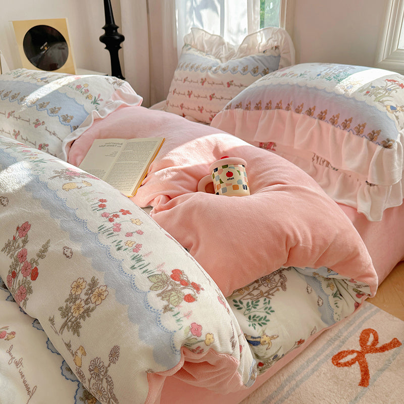 YICKYUE  -  Milk Velvet Bedding Set Winter Warmth Double Sided Thicken Four Piece Set Bed Linen Quilt Cover Sheet Pillowcase Bedroom Decor