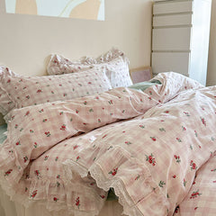 YICKYUE  -  Korean Princess Style Lace Ruffles Floral Bedding Set 100% Cotton Duvet Cover Bed Sheet/Fitted Sheet/Bed Skirt Pillowcases 3/4Pc