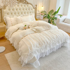 YICKYUE  -  Ruffles Lace Bedding Set for Girls, Duvet Cover Set, Soft Polyester Fabric, Queen Size, Bedroom Decor, Room Decor, 4Pcs