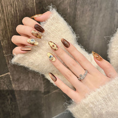 YICKYUE -  10pcs Handmade Shimmery Brown Cat's Eye Press On Nail Glossy Diamond Leopard Print False Nails Reusable Wearable Fake Nail Tips