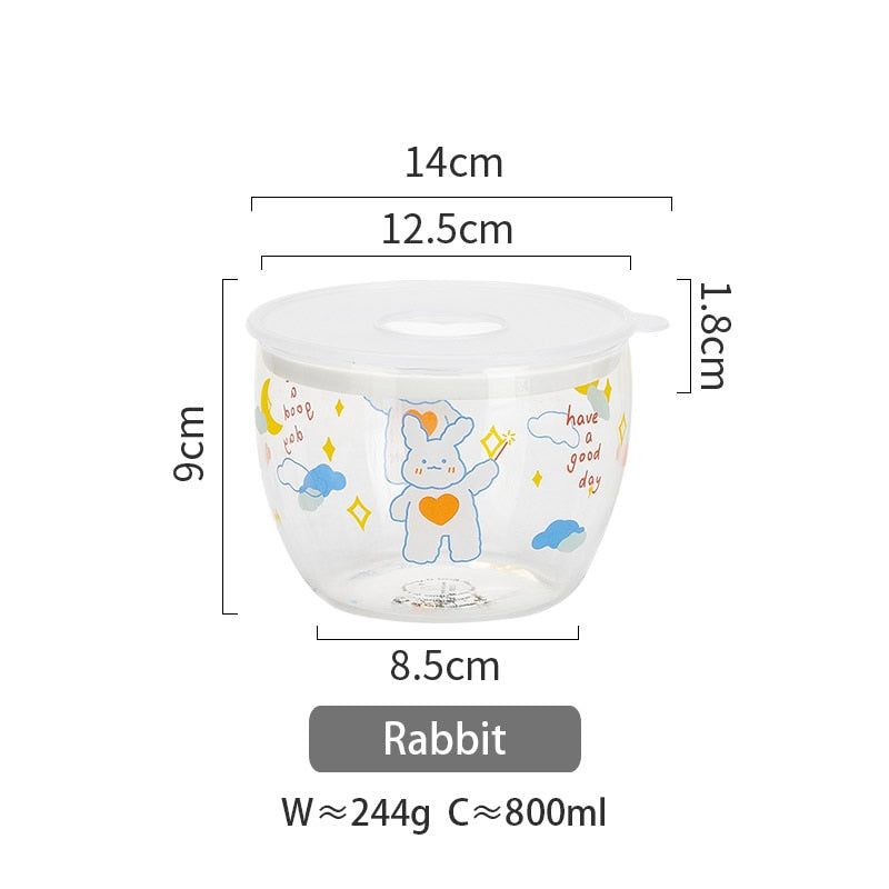 800ml Cartoon Glass Seal Fresh-keeping Box With Lid Fruit Salad Instant Noodle Bowl Office School Lunch Box Microwave Safe
