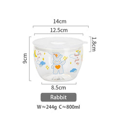 800ml Cartoon Glass Seal Fresh-keeping Box With Lid Fruit Salad Instant Noodle Bowl Office School Lunch Box Microwave Safe
