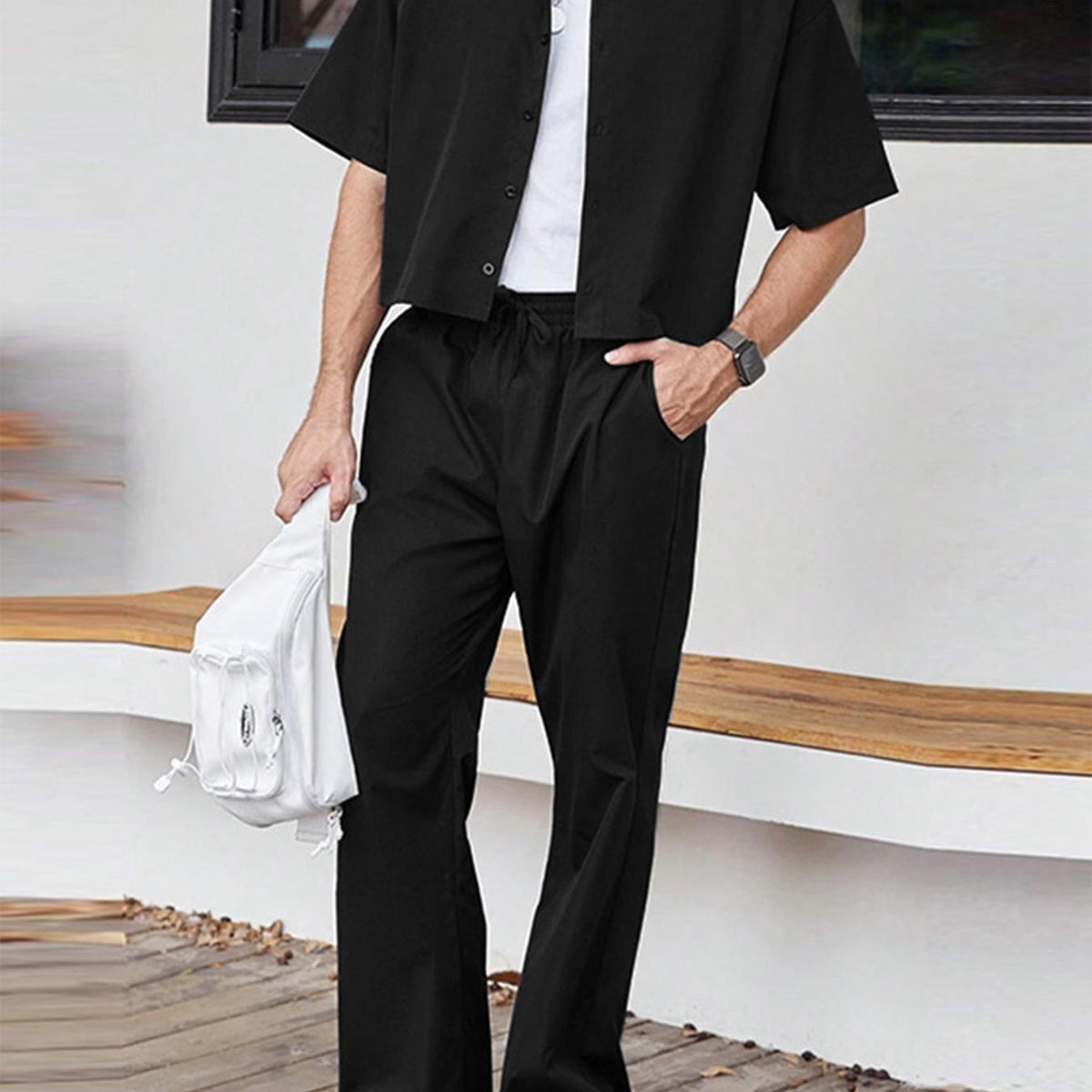HEARUJOY  -  [Outdoor Suit with Drawstring Pants] INCERUN Men Casual Solid Turndown Collar Single Breasted Shirt with Elastic Waist Drawstring Design Straight Leg Pants Simple Outdoor Suit