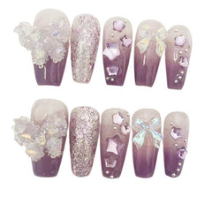 YICKYUE  -  10Pcs Purple Handmade Press On Nails Flower Rhinestones False Nails Ballerina Wearable Decoration Full Cover Nail Tips Art