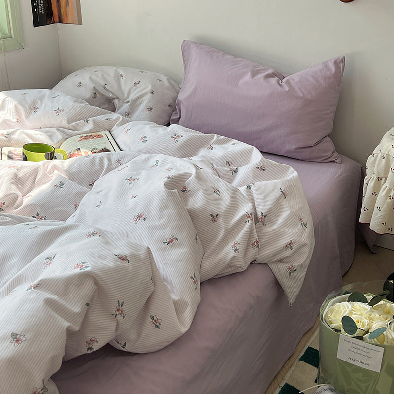 YICKYUE  -  Korean Style Floral Cotton Bedding Set - 4PC Romantic Duvet Cover & Pillowcases | Ins Aesthetic