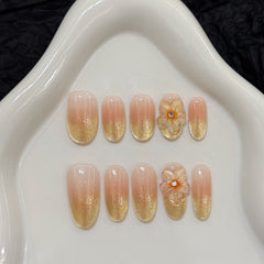 YICKYUE  -  10pcs Handmade Press on Nails Gradient Gold Cat Eye Round Head Fake Nails with Yellow Flower Wearable Reusable False Nail Tips