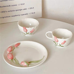 YICKYUE  -  Tulip Relief Plate Bowl Mug Handmade Ceramic Western Plates Cake Dessert Decor Plate Home Kitchen Hotel Exquisite Tableware