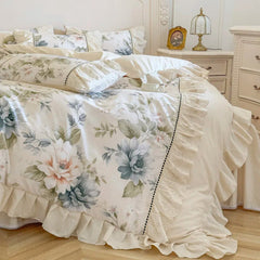 YICKYUE  Korean Princess Style 100% Cotton Bedding Set French Flowers Print Lace Ruffles Duvet Cover Bed Skirt Bedspread Pillowcases 4Pcs