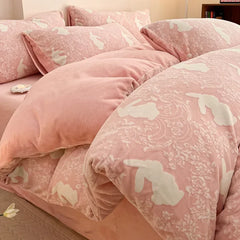 YICKYUE  -  Milk Coral Fleece Bedding Set of Four Pieces with Double Face Flannel Quilt Cover Bedding and Suede Sheet Fitted Sheet
