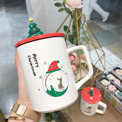 Creative Christmas Cup Ceramic Coffee Mug with Lid and Spoon Couple Office Milk Coffee Cup Caneca Merry Christmas Gifts 350ml