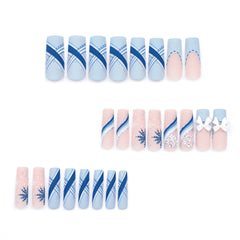 YICKYUE   -  24pcs Long Fake Nails 3D Snowflake Design Matte Blue French Press on Nails for Girls Full Cover Wearable Christmas False Nails