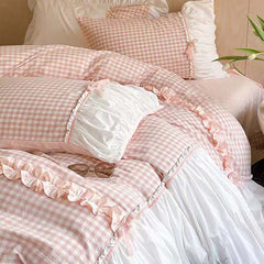 YICKYUE  -  Pink Gingham with Bow Ruched Bedding Set