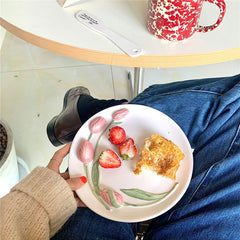 YICKYUE  -  Tulip Relief Plate Bowl Mug Handmade Ceramic Western Plates Cake Dessert Decor Plate Home Kitchen Hotel Exquisite Tableware