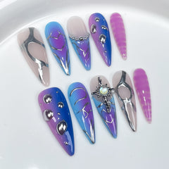 YICKYUE  -  10pcs Aurora Gradient Pink Stiletto Almond Press On Nails Blue Long Fake Nails with 3D Heart Butterfly Sweet Cool Nail Tips Art