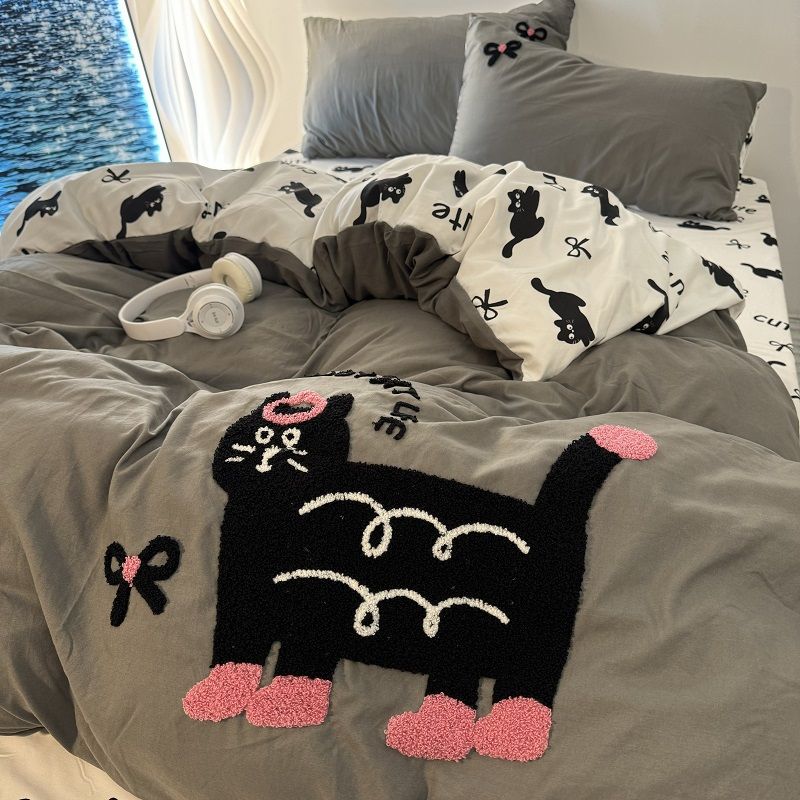 YICKYUE  -  Cartoon Embroidered Cat Bedding Set Four Piece Set Washable Cotton Sleep Naked Beds Sheet Duvet Cover Student Three Piece Set