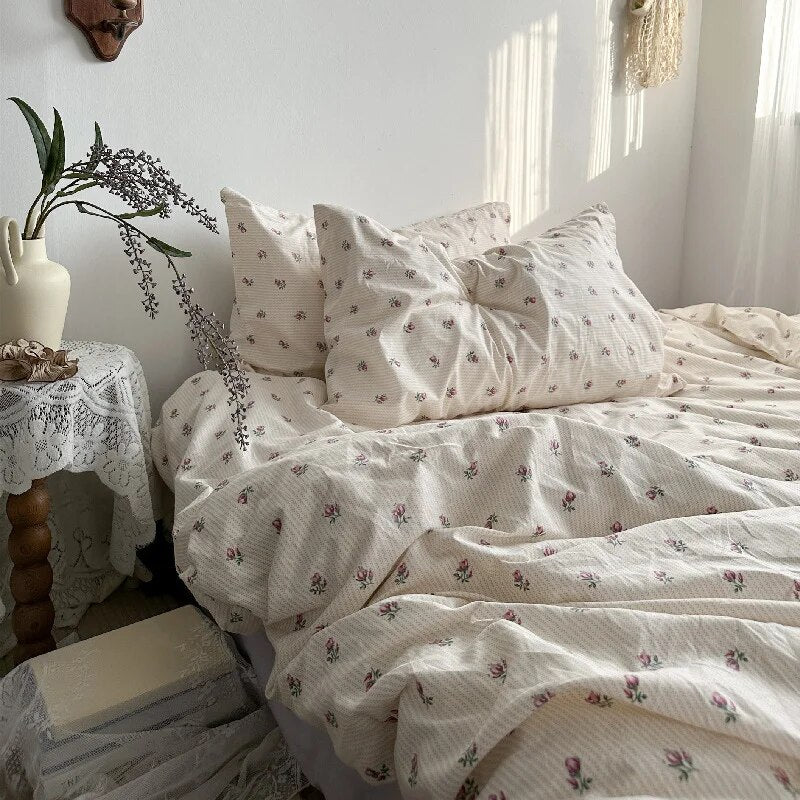 Yickyue ins retro style small floral cotton four-piece set cotton washed cotton four-piece set bed sheet quilt cover bed four-piece set