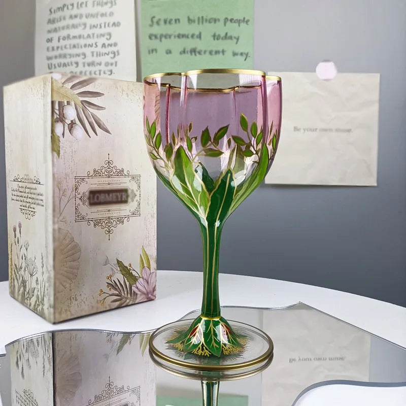 YICKYUE  -  Austrian Medieval Champagne Cup Crystal Glass Red Wine Cup Pink Hand-painted Ice Cream Bowl Vintage Flower Goblet