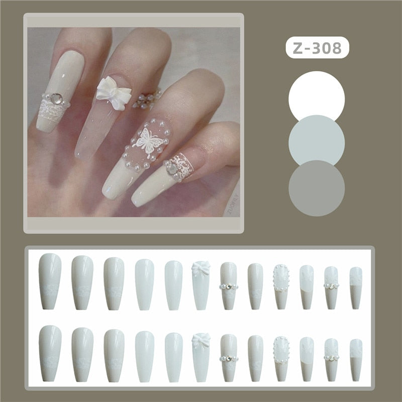24pcs Artificial Nails Rhinestone Pearl False Nails Full Cover Nail Tips Butterfly Cartoon Press on French Fake Nail Manicure