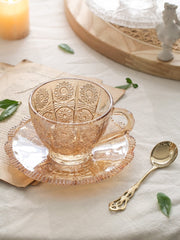 Vintage Embossed Flower Glass Cup and Saucer Afternoon Tea Dessert Coffee Cup Home European Style Tea Set Palace Style