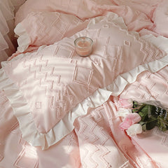 Korean Lovely Princess Ruffles Queen Duvet Cover Set Cut Flowers with Ruffles Pink Bedding Set Quilt Cover Bed Skirt Pillowcases