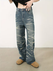 Hearujoy Men's Loose Fitting Straight Leg Retro Design Denim Street Dance Party Water Wave Denim Casual Pants