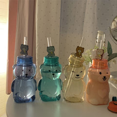 Korean Style Cute Cartoon Bear Double Lid Straw Cup Water Cup Girl Heart Summer Student Portable Plastic Cup Handy Cup