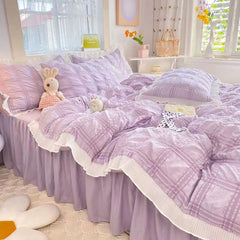 YICKYUE  -  Summer princess style super king size bedding set soft yellow quilt cover seersucker ice silk bed four-piece washable cotton