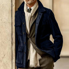 Hearujoy Cowhide Suede Jacket For Men Autumn Winter Turndown Collar Multi-pocket Windbreaker American Vintage Casual Coat Streetwear