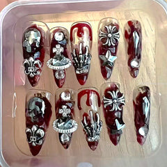 Halloween Nail Skull Rhinestone Press On Nails Y2K Handmade Long Stiletto False Nail Tips Coffin Almond Fake Nail With Glue Gift