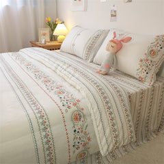 YICKYUE  -  Nordic Style Flower Pattern Bedding Set, Bedroom Decor, Girl's Room Flat Sheet Set, Cotton, Comforter Cover, Bedspread, 3/4 Pcs