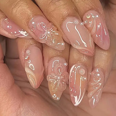YICKYUE  -  24PCS Fashion 3D Crystal Flowers Fake Y2k Nails Press On Acyrlic Nails Long Almond False Nails French Stripes Decor Removable