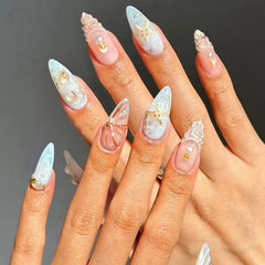 YICKYUE  -  24pcs 3D Starfish Fake Nails Sweet Cool Ins Blue Ocean False Nails Wearable Full Cover French Long Almond Head Press on Nails