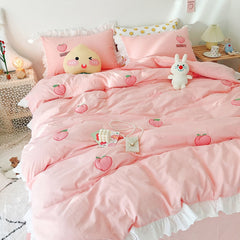 Kawaii Peach Strawberry Bedding Set For Home Cotton Pink Twin Full Queen Size Cute Double Bed Sheet Pillowcase Duvet Quilt Cover