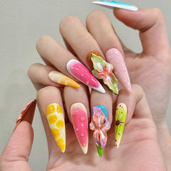 YICKYUE  -  10pcs Handmade Press on Nails Sweet 3D Carved Tropical Flowers False Nails Wearable Full Cover Ins Long Almond False Nail Tips