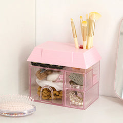 YICKYUE  -  Transparent Desktop Storage Box Creative Small House Pen Holder Student Kawaii Stationery Cosmetic Organizer Rack Drawer 3 Sold