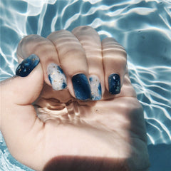 24Pcs Fashion Fake Nails with glue for women diy Nail Art Marble Blue Ocean smudge Designs Artificial Nail Tips false Nails TN