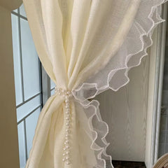 YICKYUE  -  Korean Double Lace With Pearls Tulle Curtains For Bedroom Girl Room French Dream Light Yellow Short Sheer Voile For Door Kitchen
