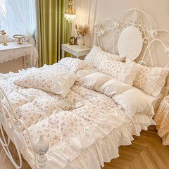 YICKYUE  -  Double Layer Yarn 100% Cotton Floral Print Pleat Lace Ruffles Bedding Set,1 Duvet Cover,2 Pillowcases,1 Flat sheet, Without Core
