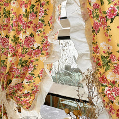 YICKYUE  -  Yellow Retro Curtain French Cotton Floral Curtain Elegant Lace Decor Atmosphere Kitchen Bathroom Partition Balcony Small Curtain